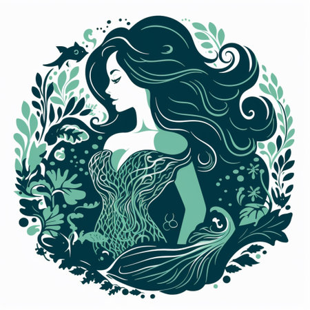 Black and white linocut print mexican folk art mermaids image Ai generated artの素材