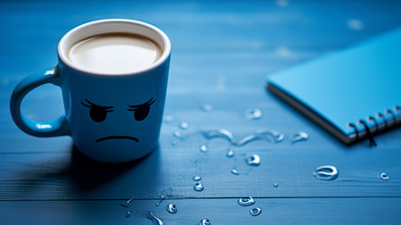 Blue monday notebook with coffee mug blue background AI Generated Imageの素材