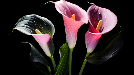 Calla lily flowers blooming floral black background AI Generated artの素材