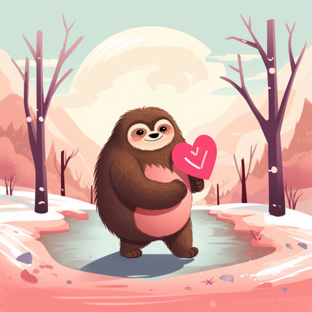 Cute valentine sloth holding heart clipart vector illustration AI Generated Imageの素材