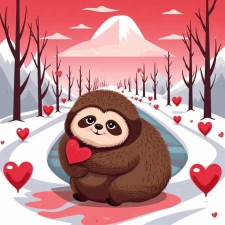 Cute valentine sloth holding heart clipart vector illustration AI Generated Imageの素材