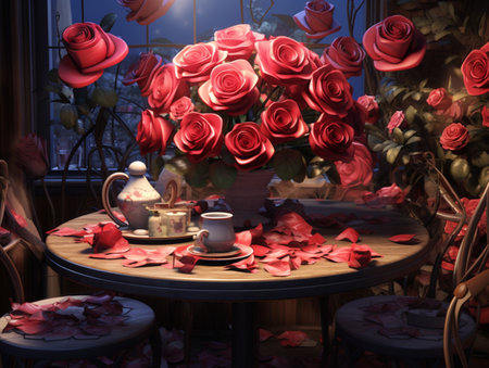 Foreground table decor artificial red roses vase picture AI Generated Imageの素材