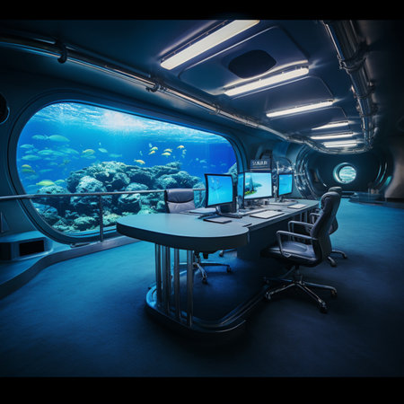 Futuristic underwater aquriam computer desk room pictures AI Generated artの素材