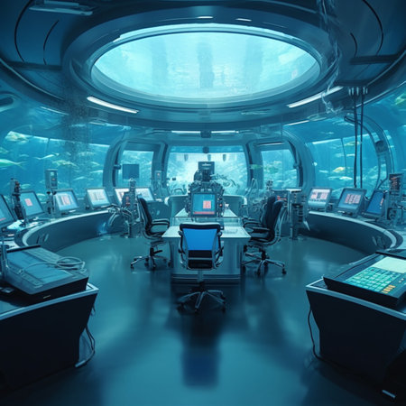 Futuristic underwater aquriam computer desk room pictures AI Generated artの素材