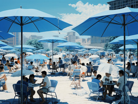 Group of umbrella people celebrate blue monday photography AI Generated Imageの素材