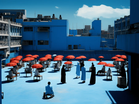 Group of umbrella people celebrate blue monday photography AI Generated Imageの素材
