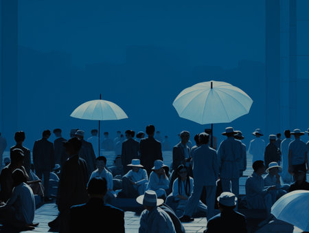Group of umbrella people celebrate blue monday photography AI Generated Imageの素材