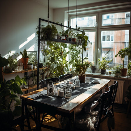 House indoor dining table with hanging plants pictures AI Generated artの素材