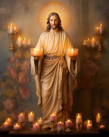Jesus christ statue hold a candlelight picture AI Generated Imageの素材