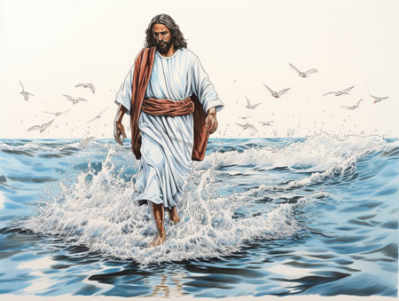 Jesus walking on sea water canvas painting images AI Generated Imageの素材