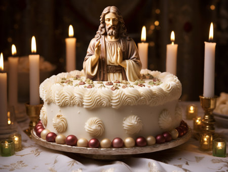 Jesus holding a birthday cake with candle light picture AI Generated Imageの素材