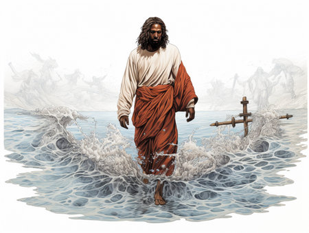 Jesus walking on sea water canvas painting images AI Generated Imageの素材
