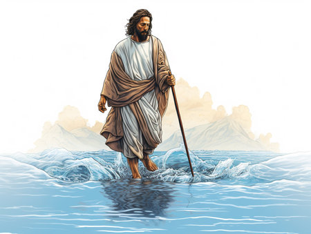 Jesus walking on sea water canvas painting images AI Generated Imageの素材