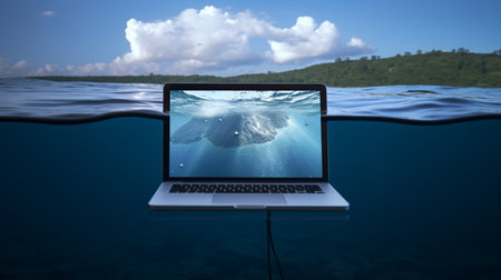 Laptop sinking at water disaster floating image Ai generated artの素材