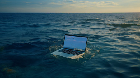 Laptop sinking at water disaster floating image Ai generated artの素材