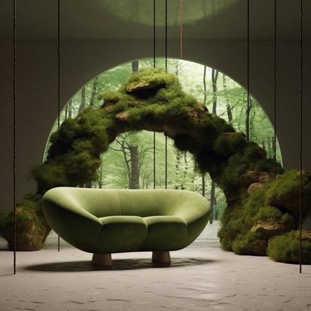 Luxury furniture green relax sofa forest environment wallpaper AI Generated artの素材