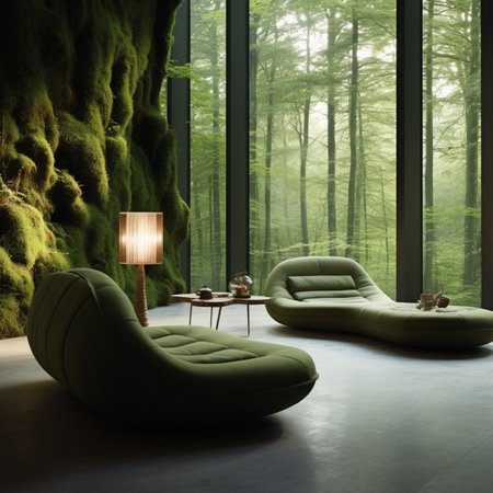 Luxury furniture green relax sofa forest environment wallpaper AI Generated artの素材