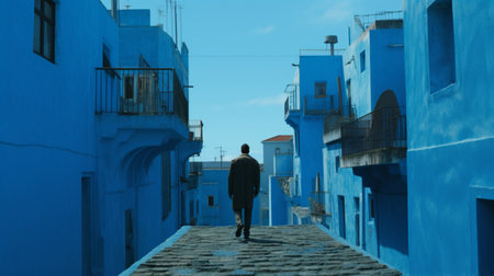 Man walking alone in blue city street at night photography AI Generated Imageの素材