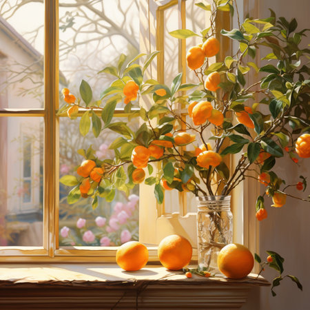 Orange fruit branch planted in vase near window picture AI Generated artの素材