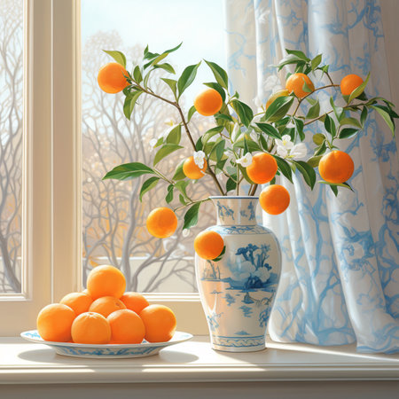 Orange fruit branch planted in vase near window picture AI Generated artの素材