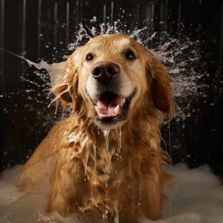 Golden retriever dog bathtub of soap bowl pictures AI Generated artの素材