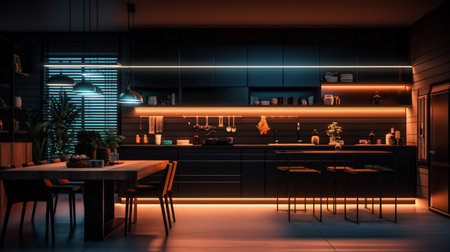 Luxury black neon lighting modern kitchen interior design AI Generated Imageの素材