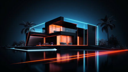 Luxury home exterior neon light black villa picture AI Generated artの素材