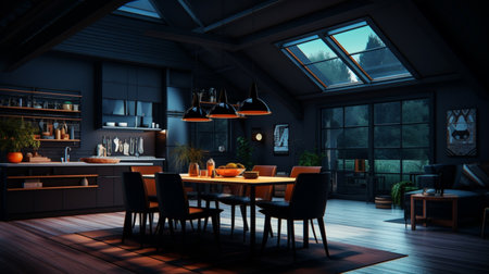 Modern black neon lighting farmhouse kitchen interior design AI Generated Imageの素材