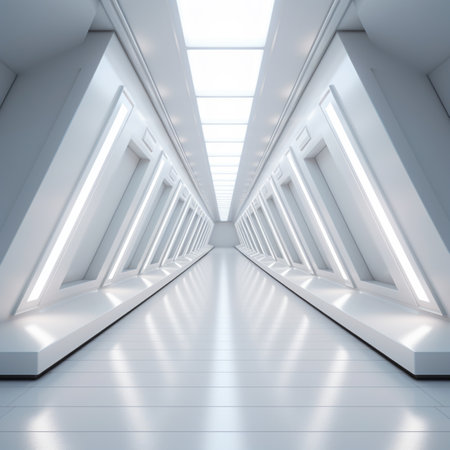Modern architecture long light corridor white background AI Generated Imageの素材