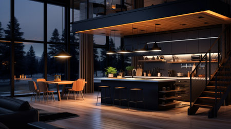 Modern black neon lighting farmhouse kitchen interior design AI Generated Imageの素材