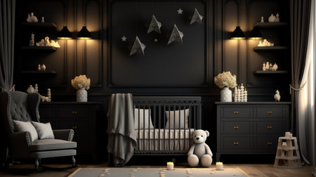 Modern black color shabby chic nursery interior design AI Generated Imageの素材