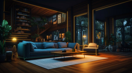 Modern black neon lighting farmhouse kitchen interior design AI Generated Imageの素材