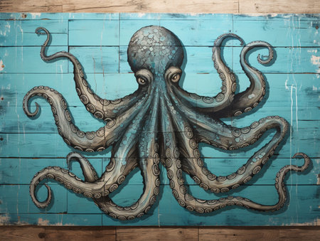 Beautiful octopus paint art blue wood wall decor AI Generated Imageの素材