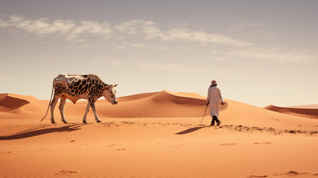 Cow walking desert sand field landscape photography AI Generated Imageの素材