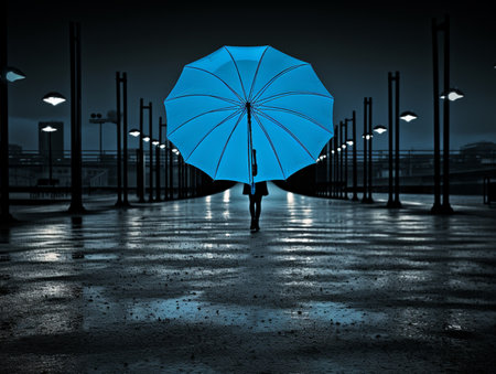 A blue umbrella street weather view photography AI Generated Imageの素材