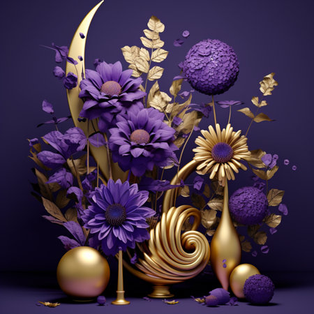 3d purple flowers and gold studio objects pictures AI Generated Imageの素材