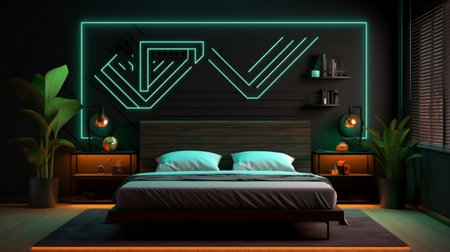 Modern decor bedroom black neon light interior design AI Generated artの素材