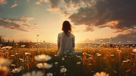 Beautiful woman daisy flowers field nature wallpaper AI Generated Imageの素材
