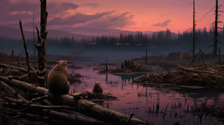 Beaver lodge habitat dam in a sunset lake picture AI Generated Imageの素材