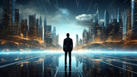 Businessman standing on futuristic network city abstract background AI Generated Imageの素材
