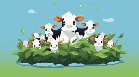 Cow animal green field scene cartoon illustration AI Generated Imageの素材