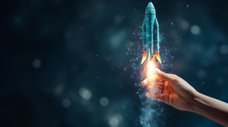 Hand startup cosmic exploration space rocket launching wallpaper AI Generated Imageの素材