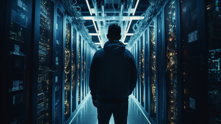 Man standing large data center server room AI Generated Imageの素材