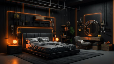 Modern industrial black bedroom neon illustration picture AI Generated artの素材