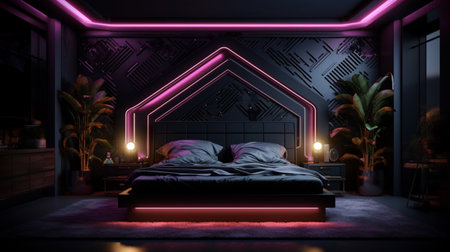 Modern luxury black neon lighting bedroom interior design AI Generated Imageの素材