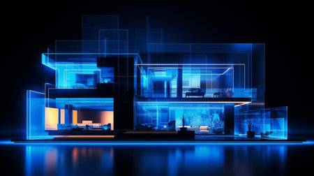 Modern residential glowing blue lighting night house picture AI Generated Imageの素材