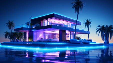 Modern residential glowing blue lighting night house picture AI Generated Imageの素材