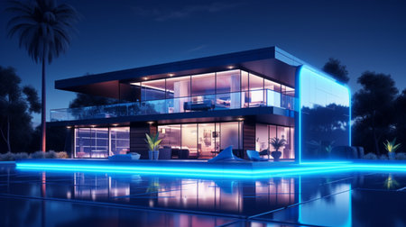 Modern residential glowing blue lighting night house picture AI Generated Imageの素材
