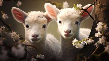 Adorable baby lambs spring cherry flowers background AI Generated Imageの素材