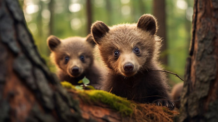 Cute brown bear cubs sitting playful forest nature wallpaper AI Generated Imageの素材
